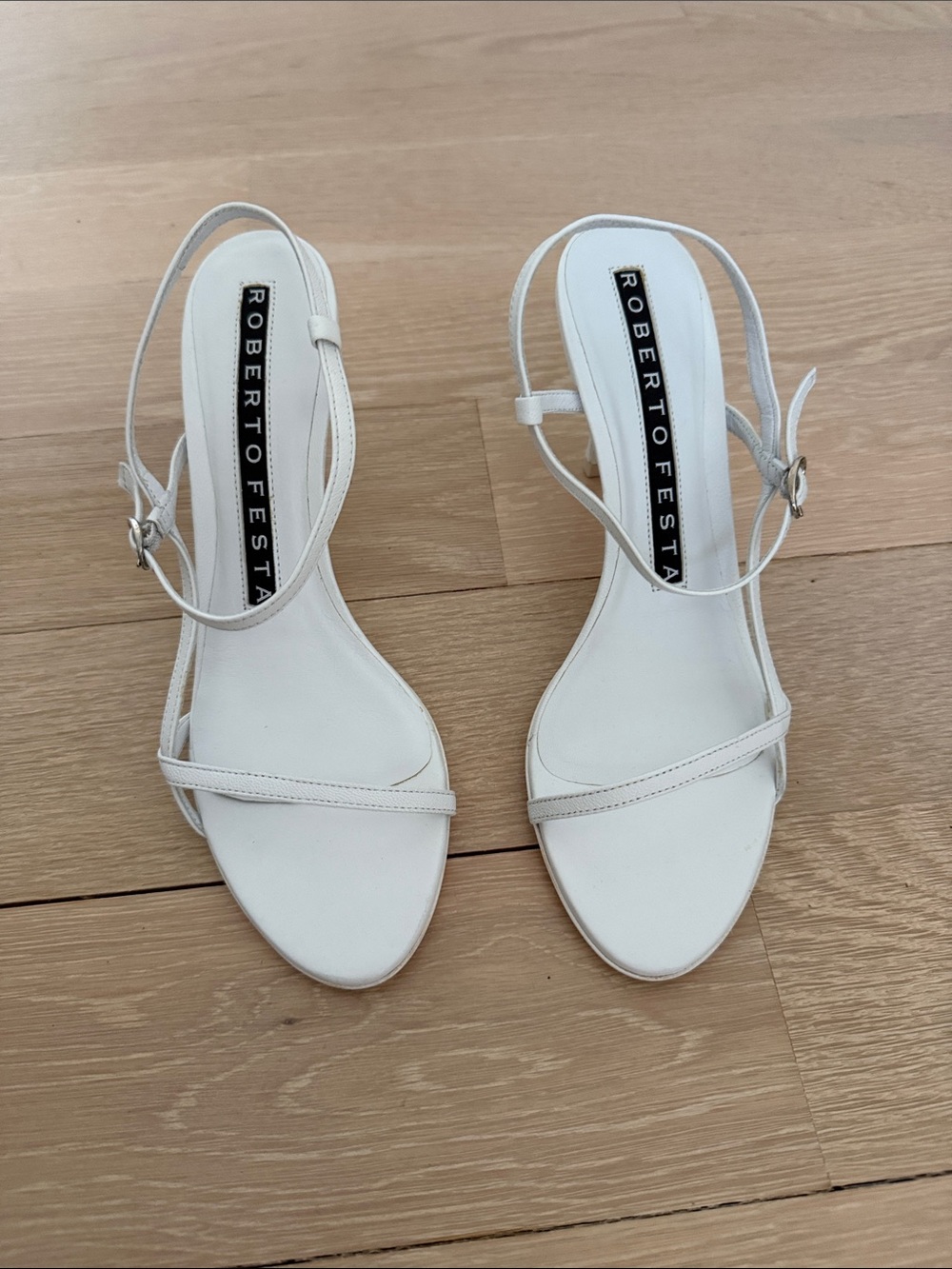 Never Worn Roberto Festa White Slingback Heels with Ankle Strap. Final sale.